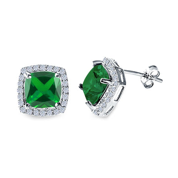 Cushion Cut Stud Earrings Simulated Green Emerald CZ 925 Sterling Silver